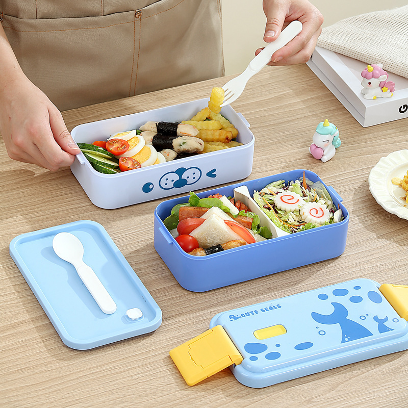 New double-layer cartoon children's lunch box, student portable plastic lunch box, cute compartments lunch box, microwave oven-safe details Picture