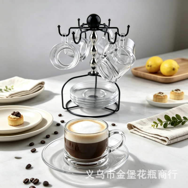 轻奢铁艺咖啡杯收纳架 旋转式玻璃杯架 意式浓缩咖啡杯整套批发
