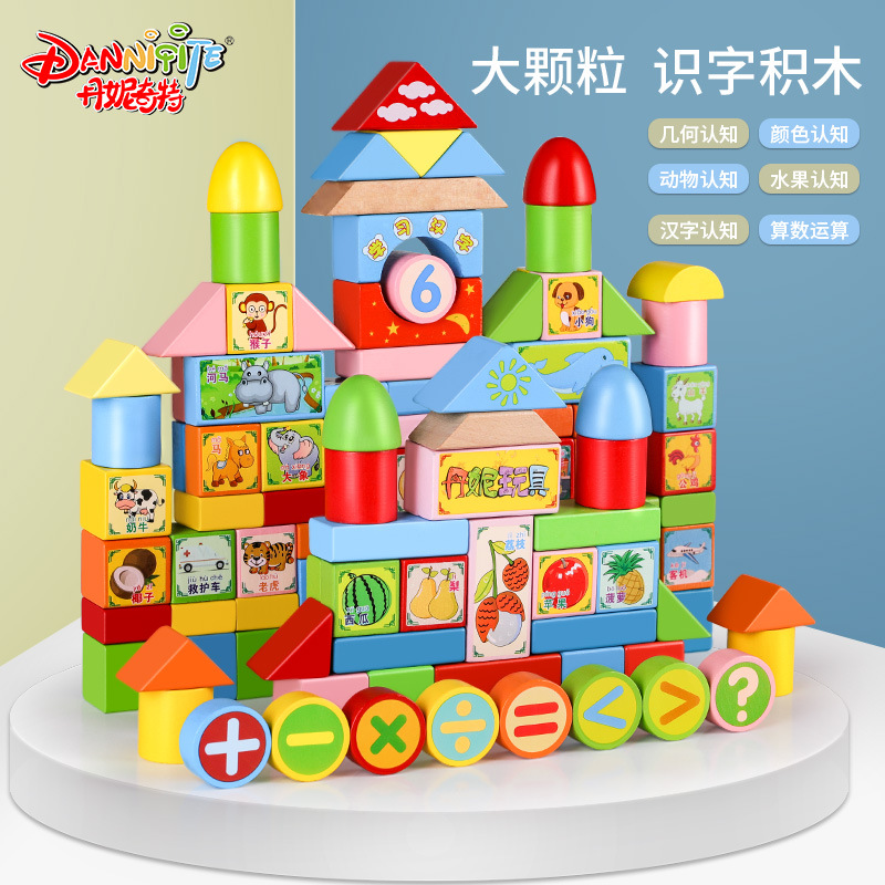 Danni Qite Wooden Building Blocks 100 pieces Chinese Character Park Bucket Large Building Blocks Children's early Education and Intelligence Wooden toys details Picture