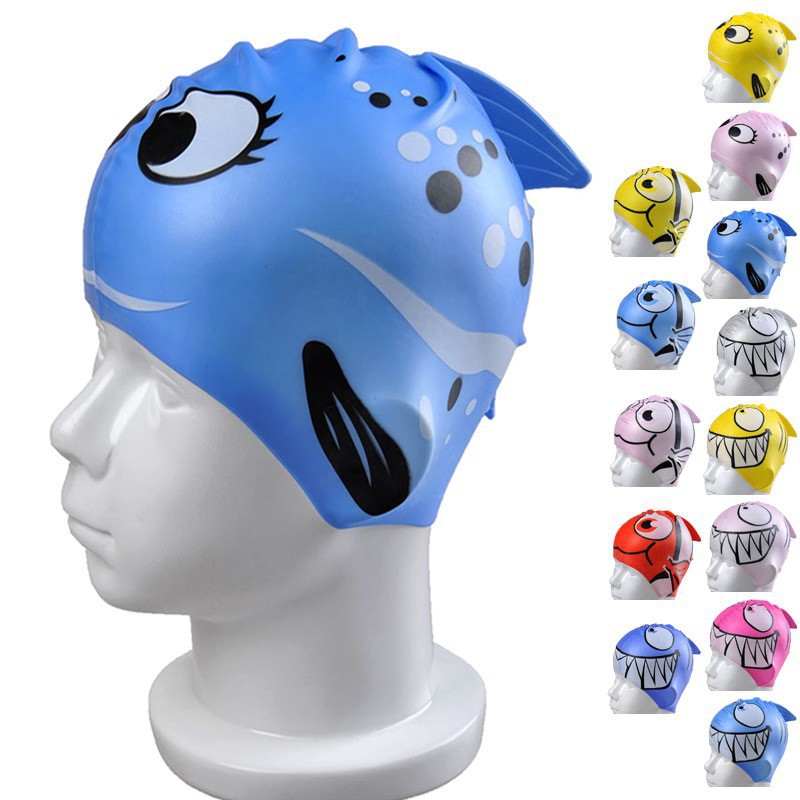Cross-camera super cute children's cartoon swimming caps/fish-shaped swimming caps /100% silicone swimming caps with multiple styles of blue bubble fish Specification image