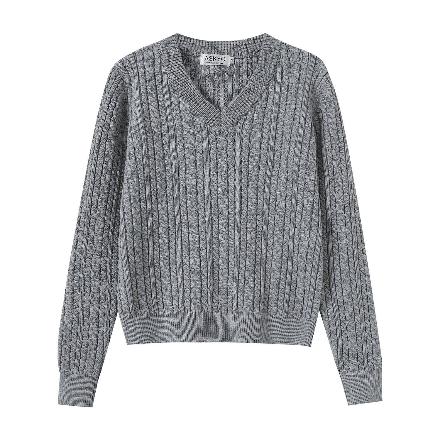 Dalang Sweater Factory wholesals elegant and ladylike grey V-neck long-sleeved braided pullover 100% cotton knitted sweaters for autumn and winter Item Picture