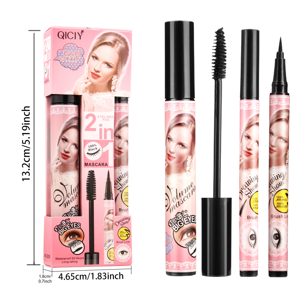 Cross-border makeup QICIY mascara + eyeliner pen, waterproof, thick, slender, curly silicone brush head, three-dimensional and natural Item Picture
