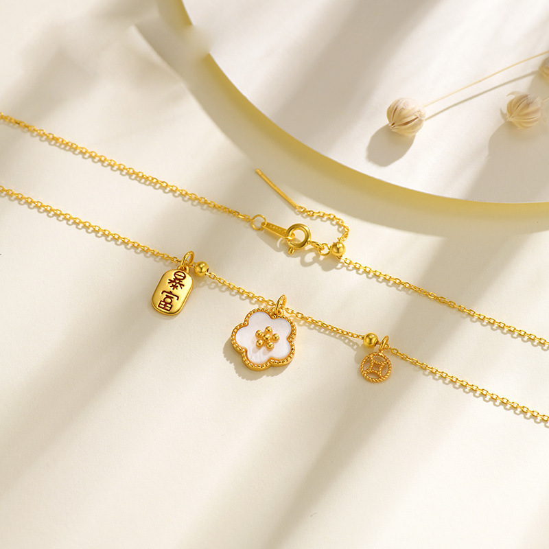 Silver money flower necklace, mother-of-pearl gift, niche design, lucky coin, small peach blossom pendant, high-end look for women Specification image