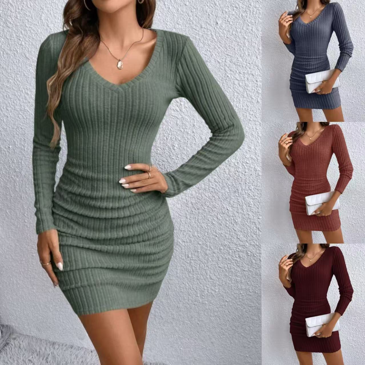 The new ribbed V-neck fitted long-sleeved dress for Amazon Spring and Autumn Women's Wear in 2025 is a cross-border body-hugging dress from Europe and America full figure