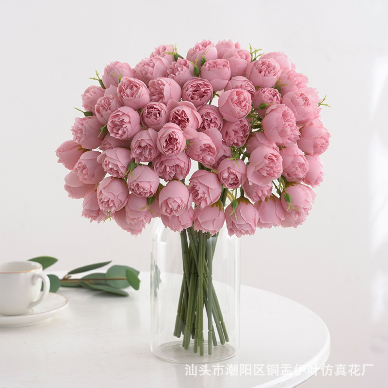 27头绢布牡丹玫瑰花束人造假花仿真花手捧花拍照道具装饰花束批发