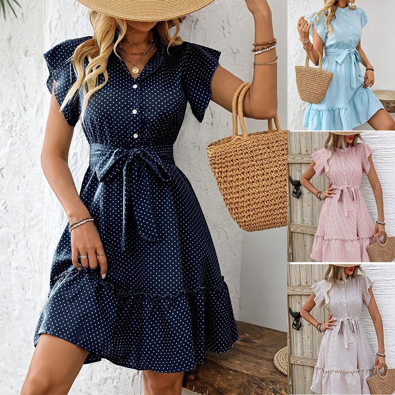 Ruihou Cross-border Vacation Controversy Point Dress 2025 Summer European and American Style Lotus Leaf short-sleeved lace-up A-line dress for women full figure
