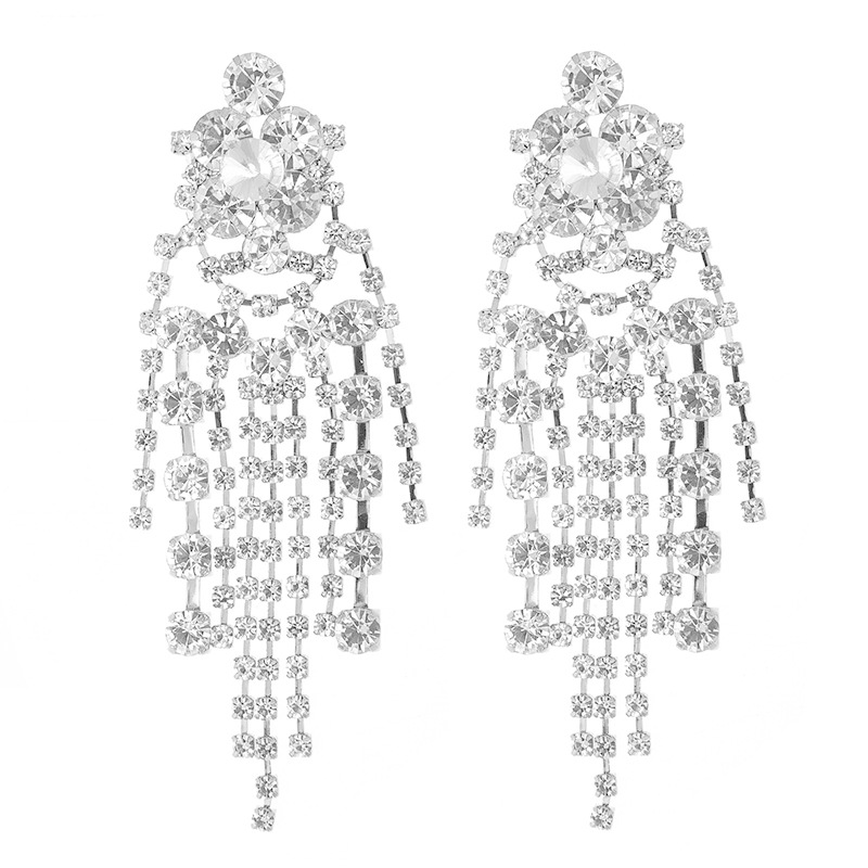 Factory direct sales cross-border claw chain earrings, full rhineston exaggerated tassel earrings, luxurious and trendy European and American party dress accessories, long and elegant women's earrings Item Picture