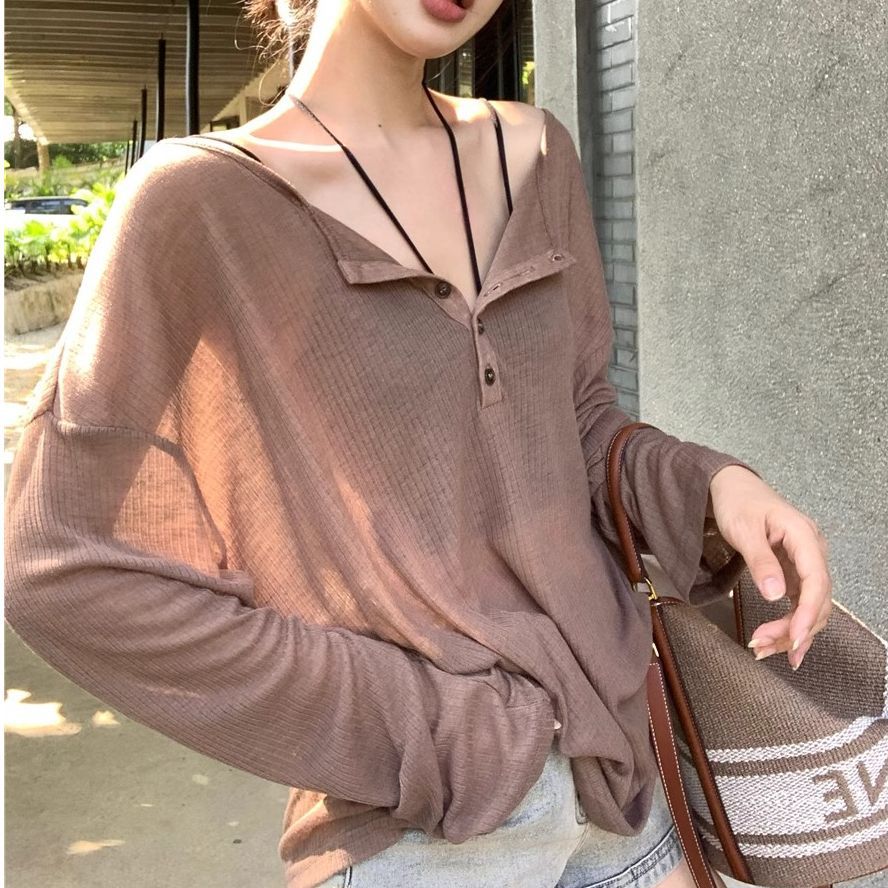 慵懒风V领长袖防晒T恤女2025春夏季新品女装宽松纯欲薄款罩衫上衣
