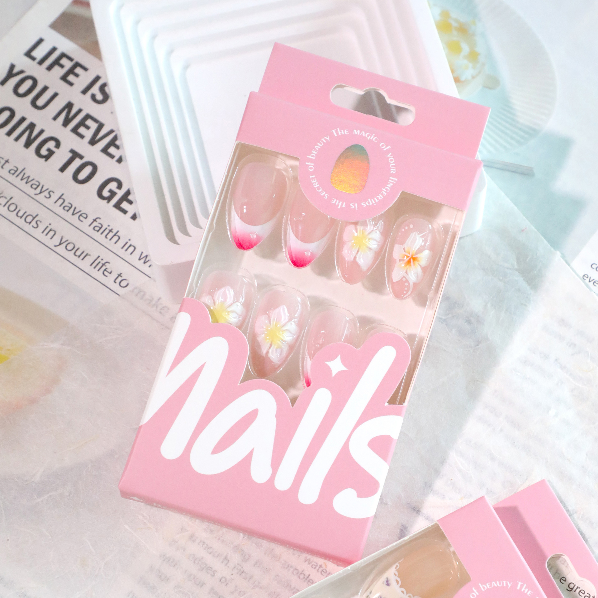 3D French flower whitening wearable nail short almond nail nail plate wearable high-end false nail wholesale Specification image