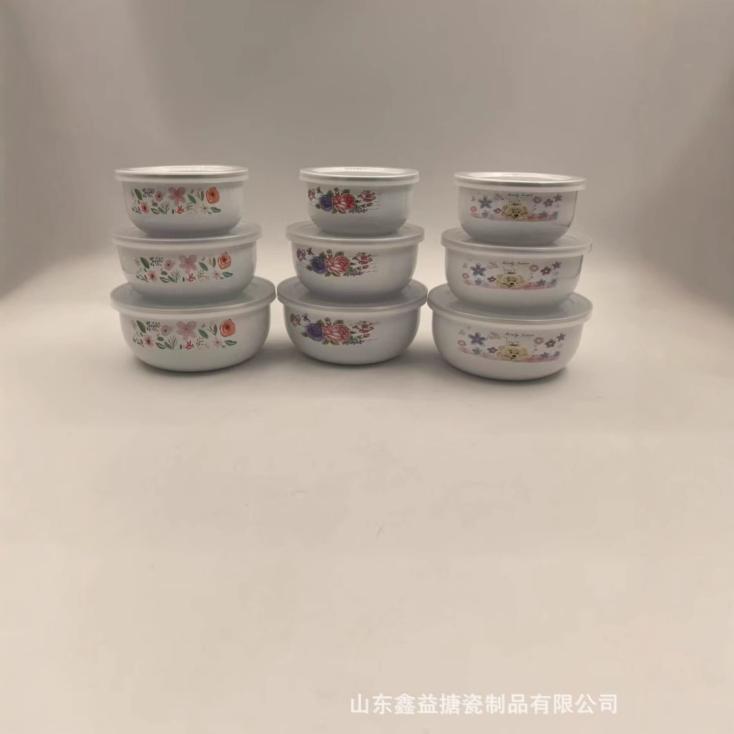 Old-fashioned enamel bowl with lid, thickened sealed bowl sleeve, kitchen storage bowl, nostalgic vegetable bowl 3-piece set Application Scenario