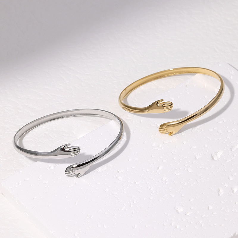 Cross-border European and American titanium steel bracelet, open embrace palm, unique and niche bracelet, simple and non-fading stainless steel bracelet details Picture