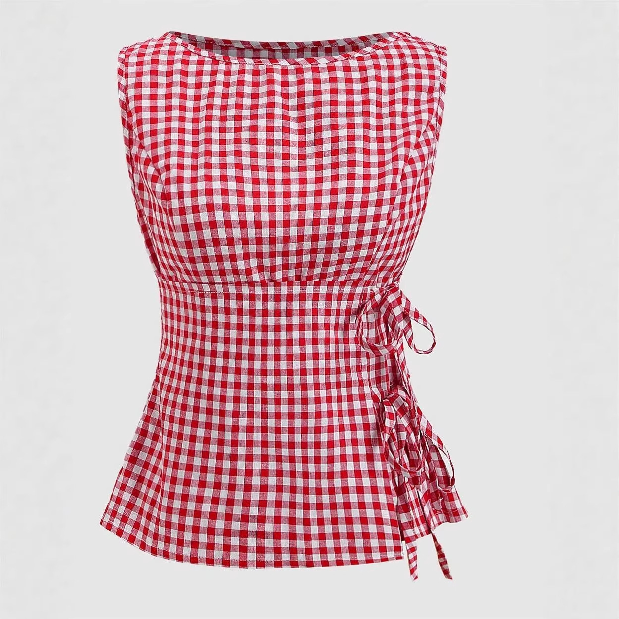 Cross-border European and American summer new sexy hot girl lace-up slimming plaid print sleeveless short vest full figure