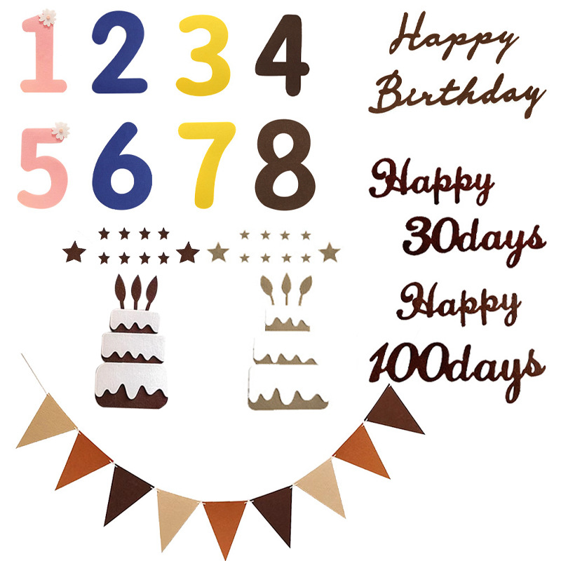 毛毡数字拉花挂旗儿童男女孩百天周岁生日场景布置装饰氛围感道具