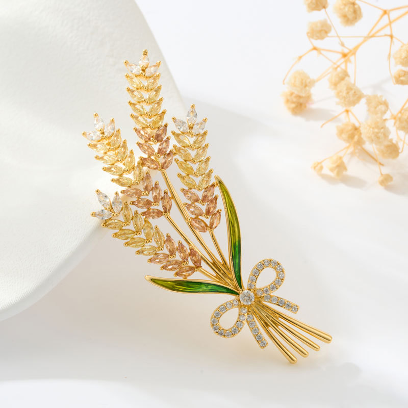 Original design, high-end sense, wheat ear brooch, copper alloy, real gold electroplating, micro-inlaid with zirconium oil, exquisite brooch and clothing