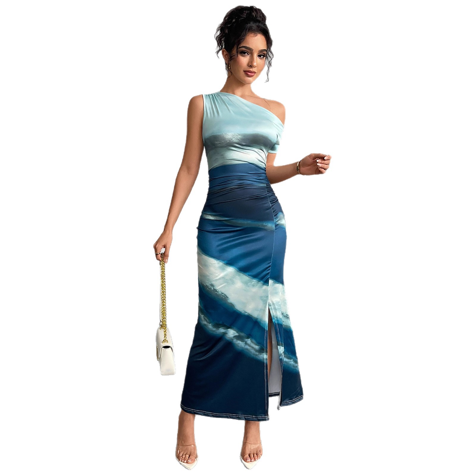 Cross-border Amazon foreign trade women's clothing 2025 Summer New Style European and American color contrast slimming dress, off-the-shoulder long dress Y2 Item Picture