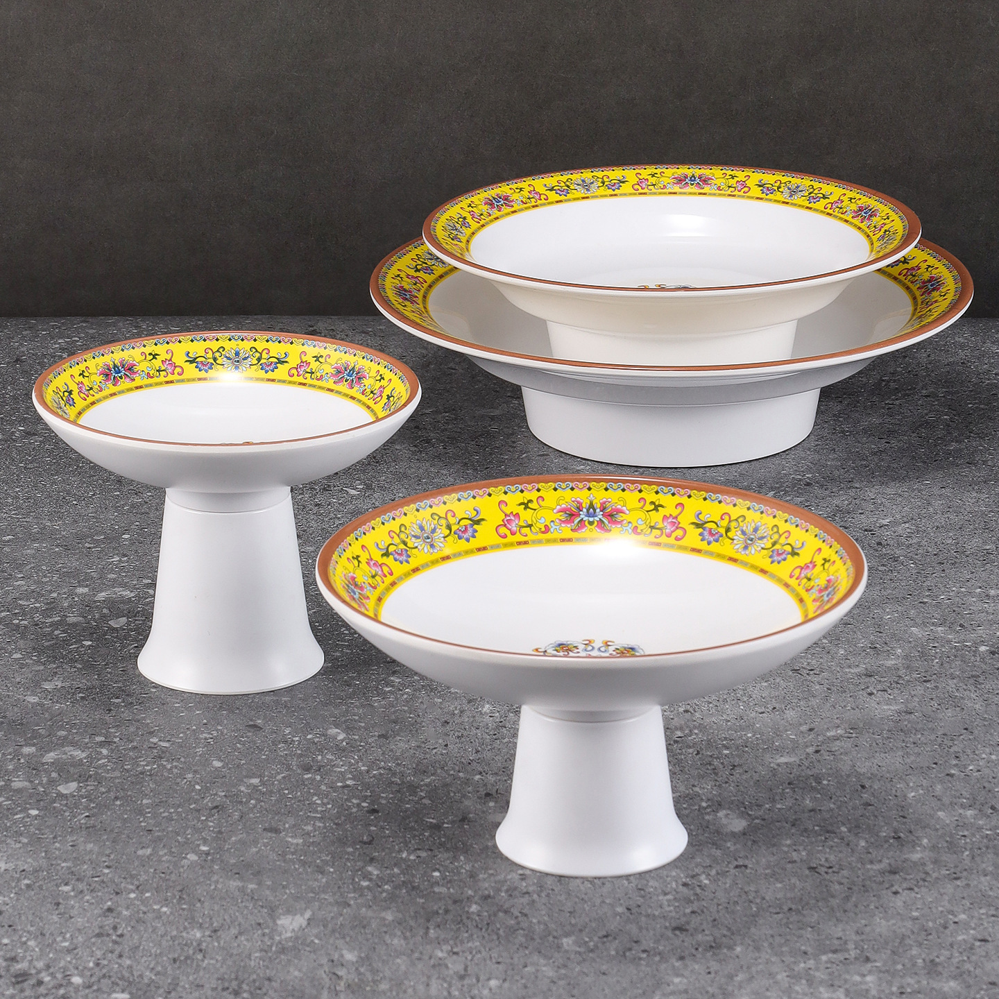 Melamine high foot plates, creative enamel color tableware, ethnic restaurants, hotels, cold dish plates, pastry, snack and fruit plates, commercial use details Picture