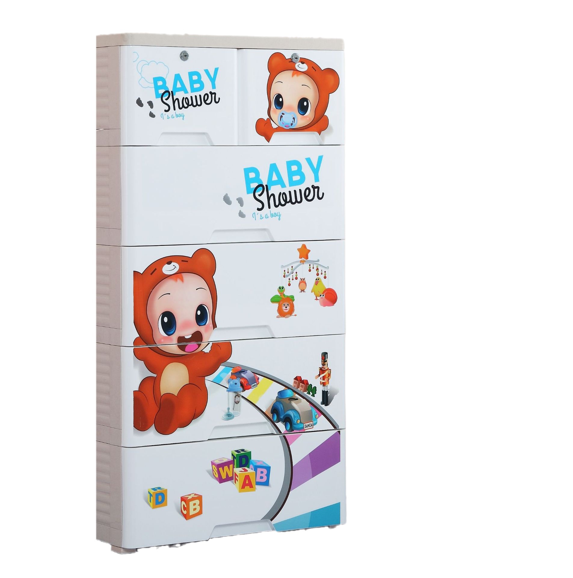 58-sided wide printed thickened cartoon drawer-type storage cabinet, plastic baby and children's wardrobe, chest of drawers, organizing wardrobe Item Picture