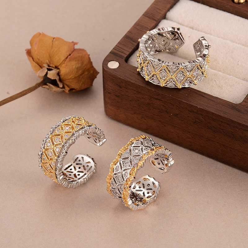 Fashionable zircon rhombic ring for women, retro geometric style, hollowed-out gold and silver color contrast, high-end light luxury open ring jewelry Fashionable zircon rhombic ring for women, retro geometric style, hollowed-out gold and silver color contrast, high-end light luxury open ring jewelry