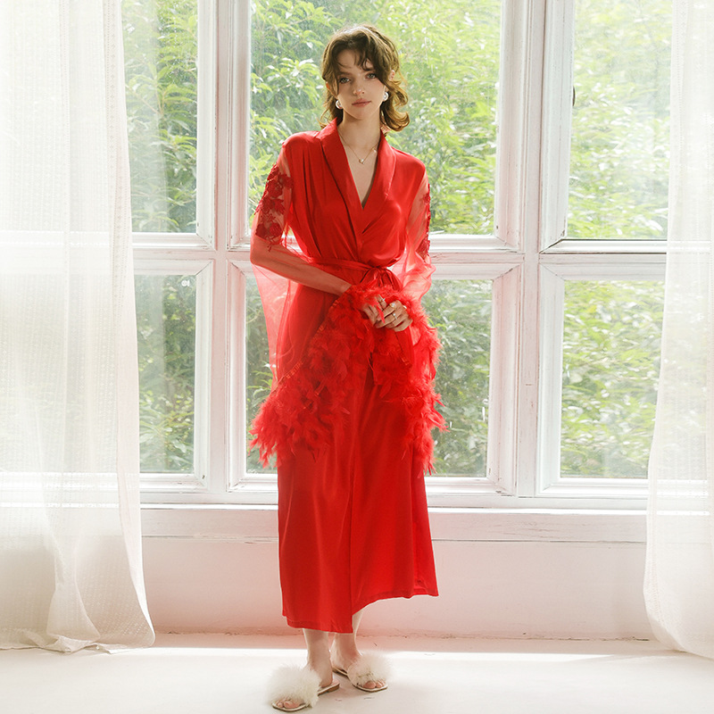 Long fur decorated satin bathrobe, lace patchwork long-sleeved tie bathrobe, women's light luxury home wear 847 Application Scenario