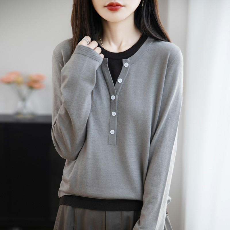Wool blend 2026 Spring new Women's loose round-neck two-piece fake pullover base knitted sweater Specification image