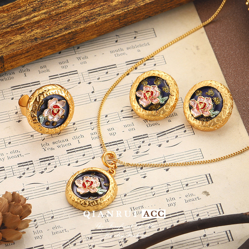 新款花朵珐琅滴油时尚耳环油画系列文艺复古圆形高级法式项饰套装