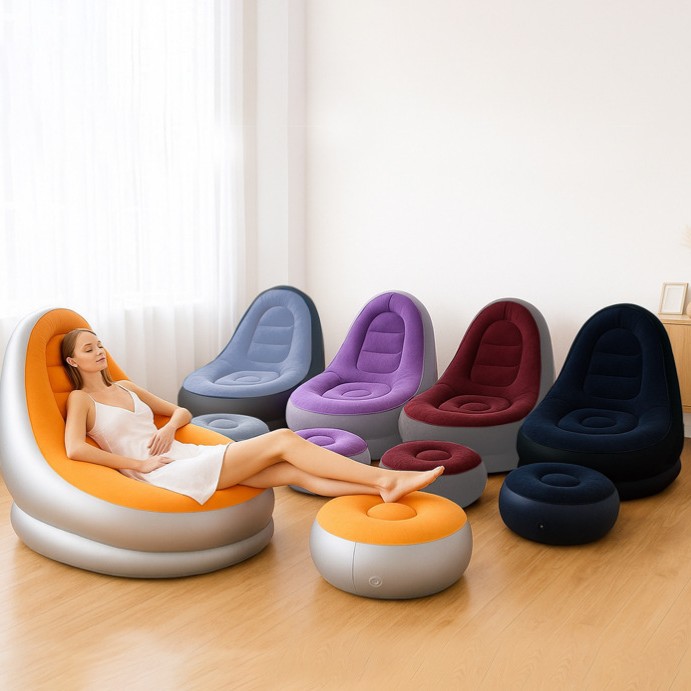 Foldable inflatable sofa chair with footrests and flocking, outdoor portable inflatable sofa, home lazy lounge chair sofa