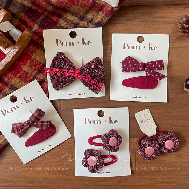 新款韩版红色系蝴蝶结发夹手作布艺儿童侧边碎发刘海夹甜美发圈女Pom・kr 酒红手工发夹 蝴蝶结花朵格纹款 少女秋冬甜美日