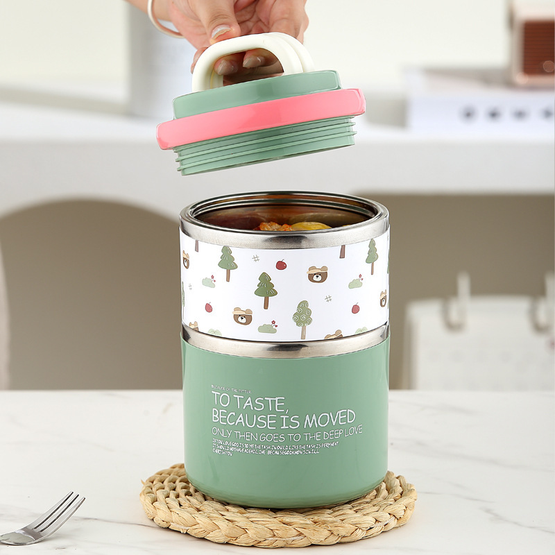 马卡龙色便携手提不锈钢迷你两层保温饭盒桶密封便携可爱学生餐盒产品图