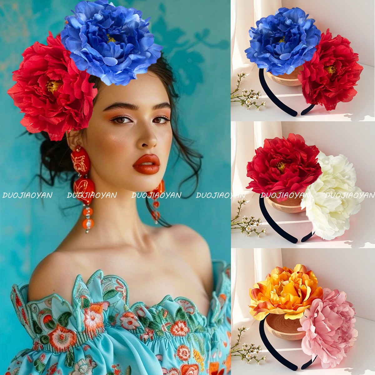 Cross-border European and American simulated camellia flower headband for brides, 12cm exaggerated large flower headwear, carnival ball headwear for women details Picture