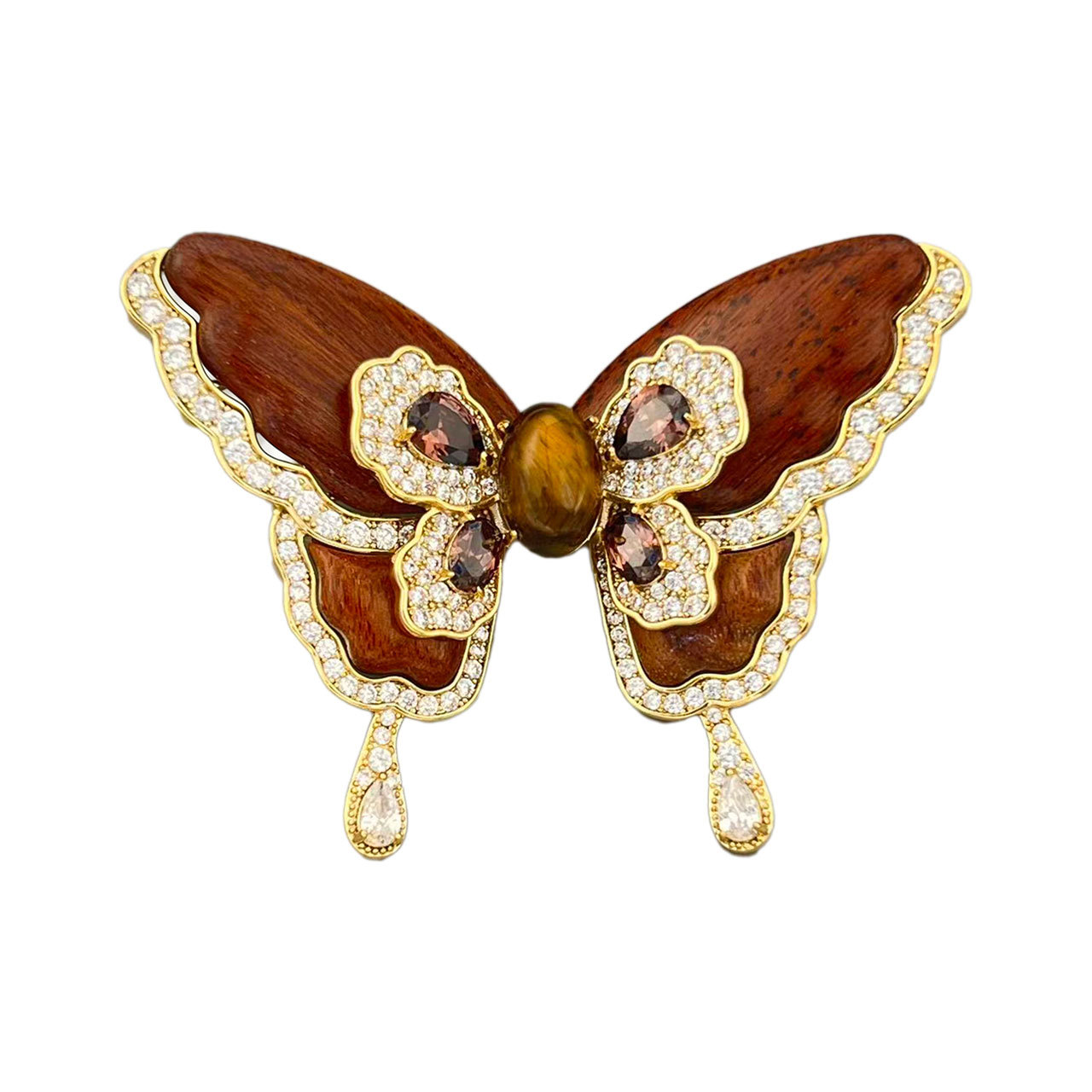 Light luxury retro wooden butterfly brooch, copper alloy, real gold electroplated, slightly inlaid zircon tiger's eye, high-end women's brooch Item Picture