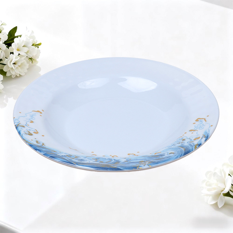 Melamine decorative round plates for foreign trade, hotel and restaurant plates, buffet steak plates, imitation porcelain round plates, commercial daily necessities Specification drawing