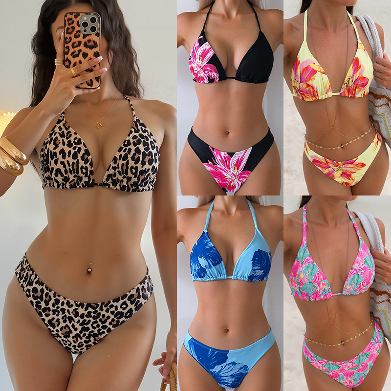 2026 New European and American cross-border bikini print leopard print strap triangular cup sexy bikini two-piece swimsuit for women