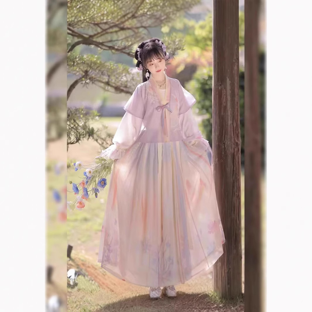 Chinese trend Hanfu women Tang 褙子 round-neck short shirt pleated skirt original waist-length Chinese style daily adult ancient costume spring and autumn complete set details Picture