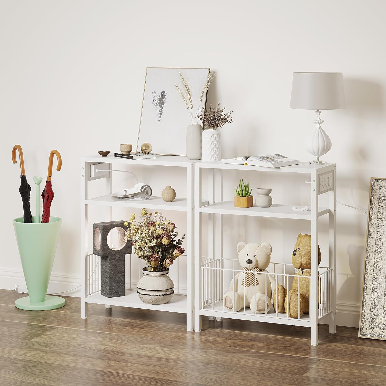 A few tables beside the sofa, modern and simple style, with storage baskets and sockets, small space living room, movable beside the sofa Specification image