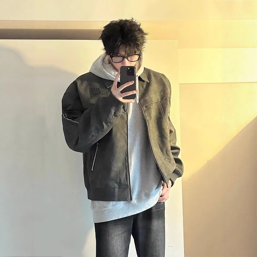 cleanfit American retro lapel leather jacket for men, spring and autumn, high-end and trendy short flight jacket for men details Picture