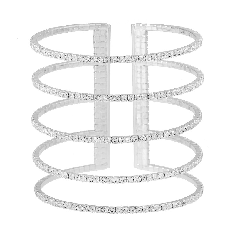 Cross-border foreign trade claw chain jewelry, five-row rhinestone wide and thick bracelet, steel wire elastic open bracelet, exaggerated multi-layer parallel personalized diamond-encrusted jewelry Item Picture