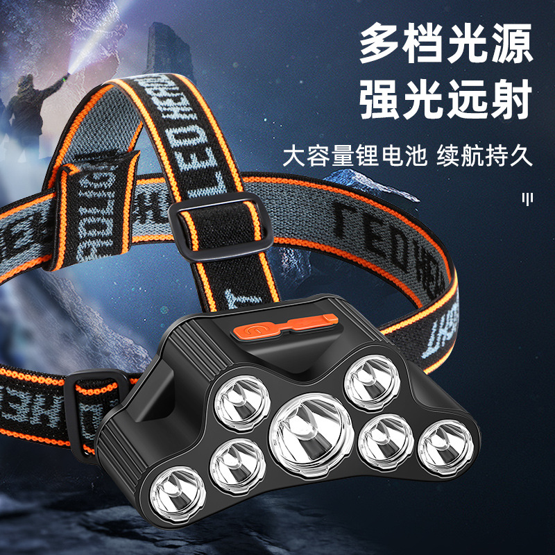 跨境新品7头灯强光LED头灯USB充电夜钓灯头戴式便携手电T26头灯