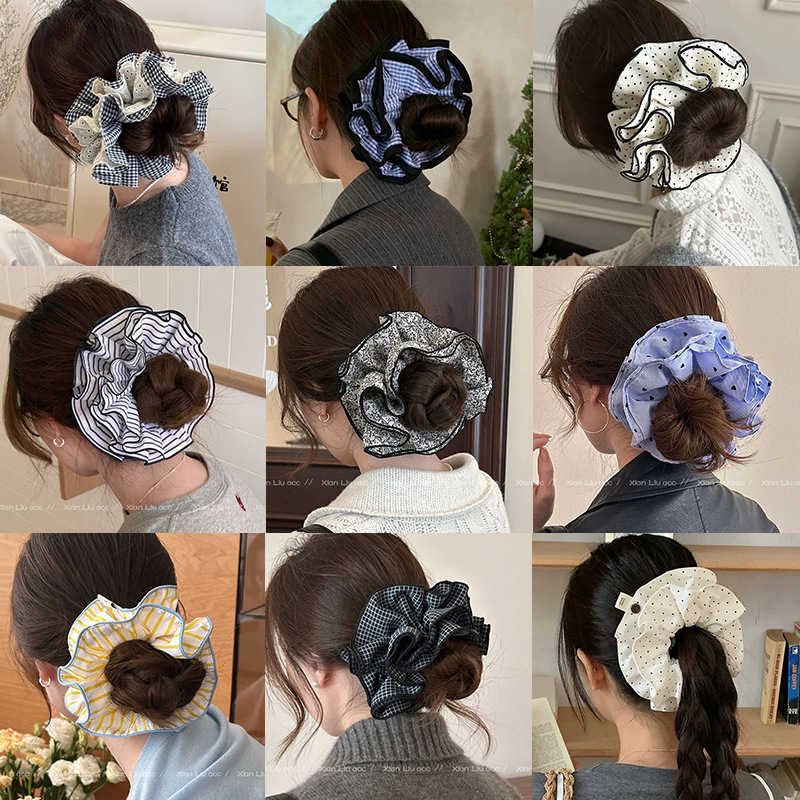 Korean checkered lace large hair band for women, 2025 new style hair tie, ins style, super large bun hair accessory