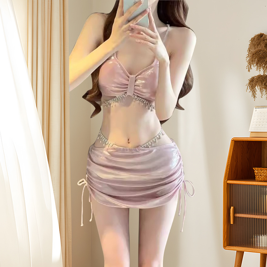 2025 New sexy two-piece dress swimsuit with shiny rhinestone tassel design, available in multiple colors. Wholesale swimsuit -125018 Specification image