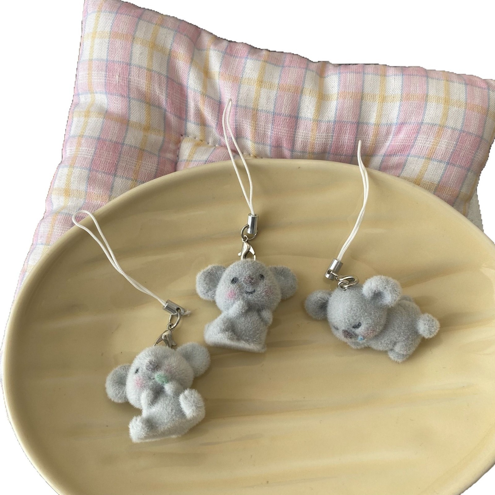 Flocked koala mobile phone line pendant, keychain, creative and personalized gift, schoolbag pendant, high appearance level, niche pendant, flocked cartoon doll, flocked koala keychain pendant, cartoon cute keychain Item Picture