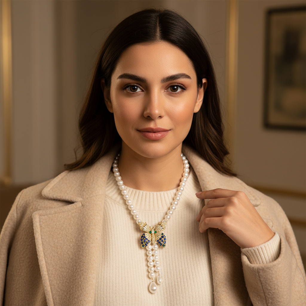 法式复古宫廷风珍珠项链镶嵌锆石立体蝴蝶项链新娘宴会礼服饰品女LYTJ30623风云首饰