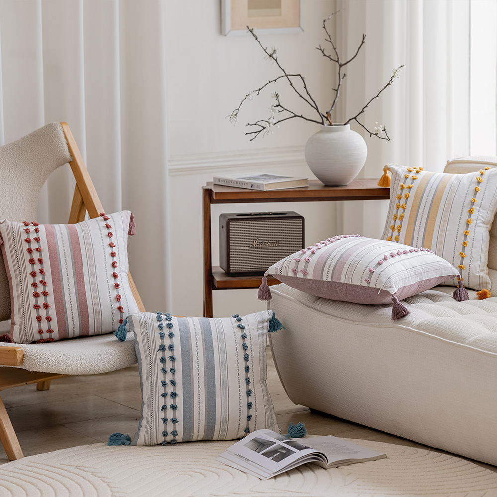 Nordic INS simple cut long side sleeping washed cotton jacquard tassel pillowcase, living room sofa cushion Specification image