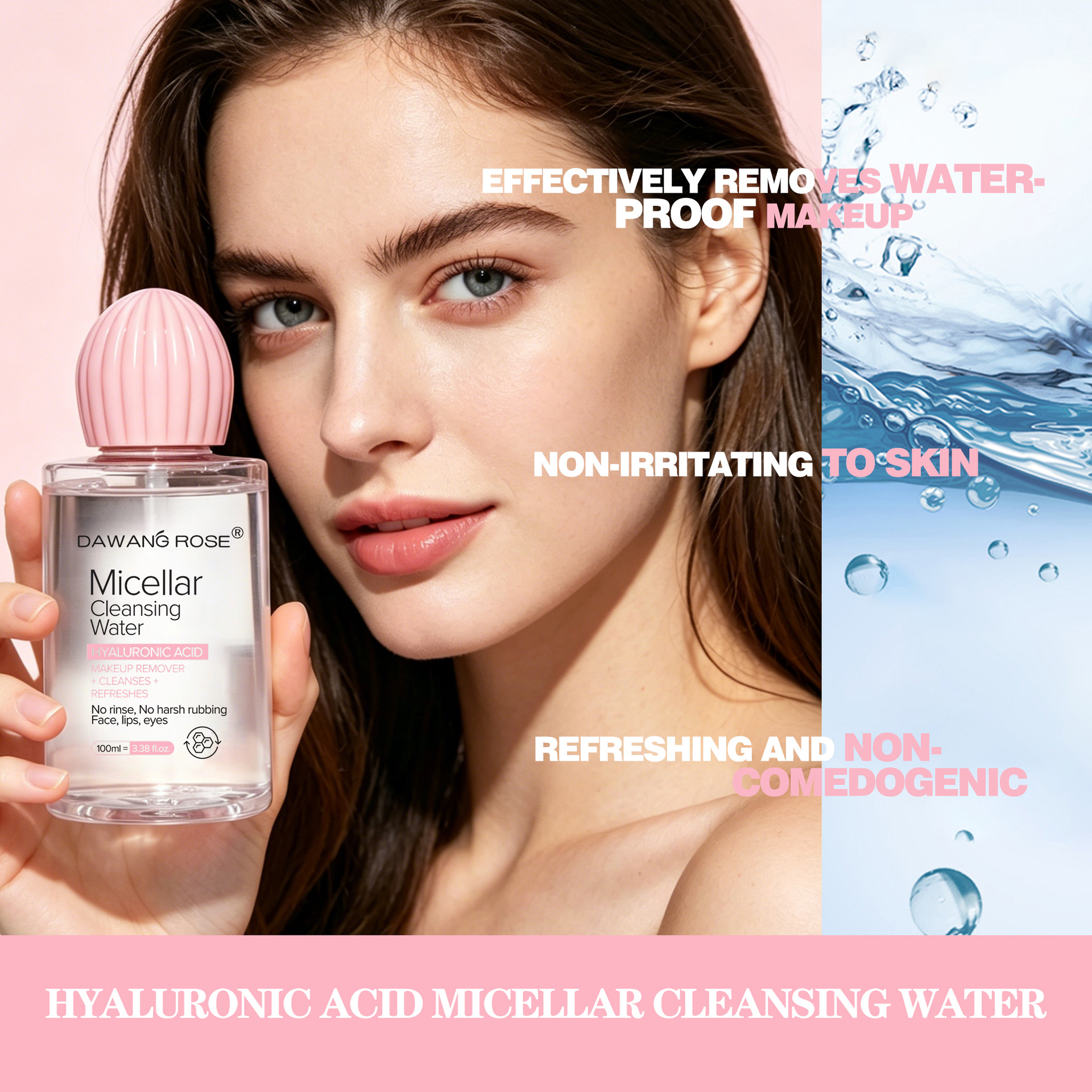 Cross-border exclusive makeup remover water Hyaluronic acid eye, lip and face makeup remover liquid, gentle and hypoallergenic, three-in-one for sensitive skin eyes, lips and face Specification image