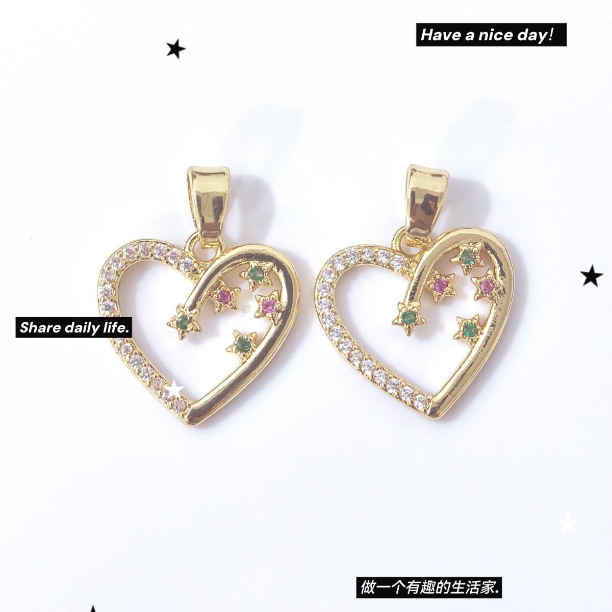 爱心吊坠女小清新星星镶嵌锆石心形圆脸显瘦耳环时尚ins风饰品