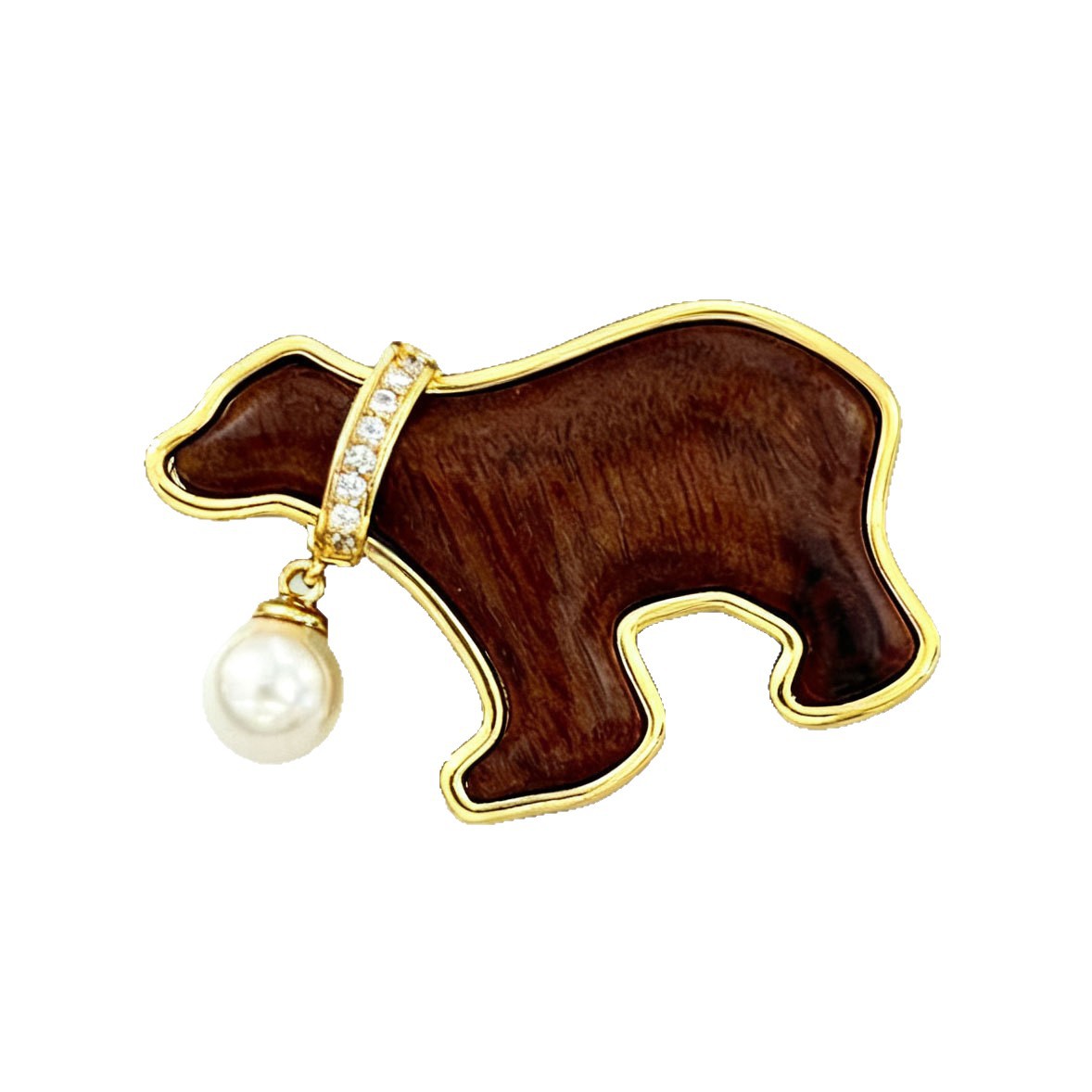 Childlike and light luxury style wooden art pearl bear brooch, copper alloy real gold electroplated micro-inlaid zircon animal brooch Item Picture