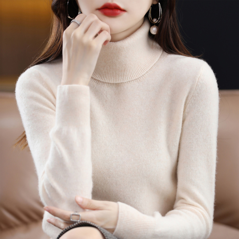 High-neck wool sweater for women in autumn and winter, 100 pure wool base layer, loose sweater pullover, wool knitted sweater details Picture
