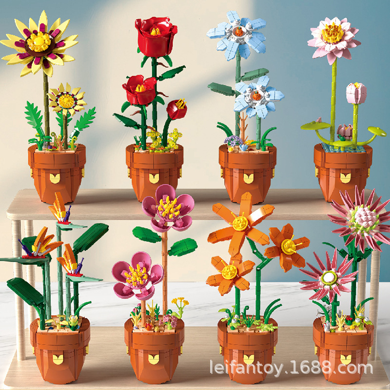 跨境仿真积木花兼容某高DIY小颗粒盆栽花朵拼装玩具女孩礼物批发