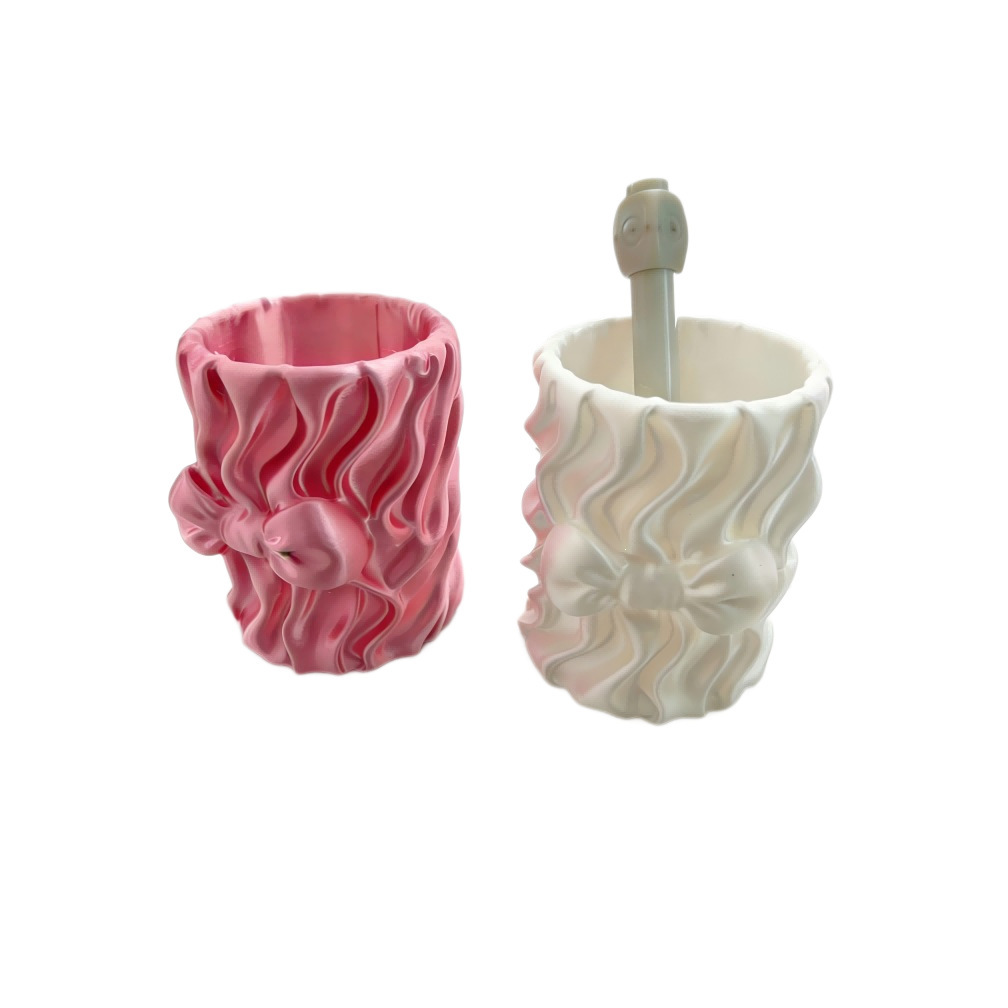 Color rosa ondulado patrón arco rotary pen holder blanco impresión 3D papelería de oficina almacenamiento decoración de escritorio creativa Item Picture
