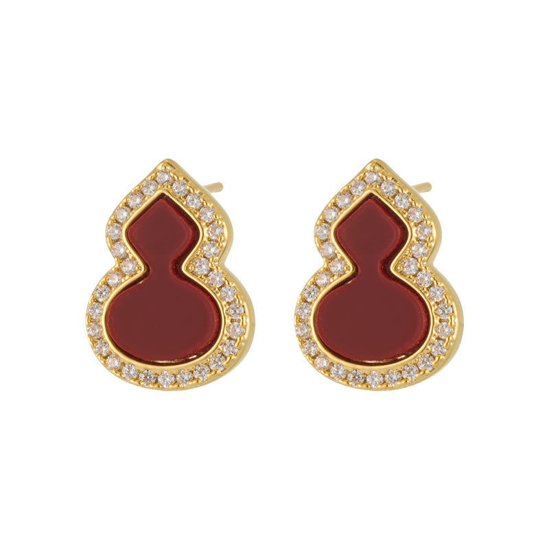 Original design red gourd ear studs, copper alloy with micro-inlaid zircon plates, high-end s925 silver needle exquisite women's earrings Item Picture