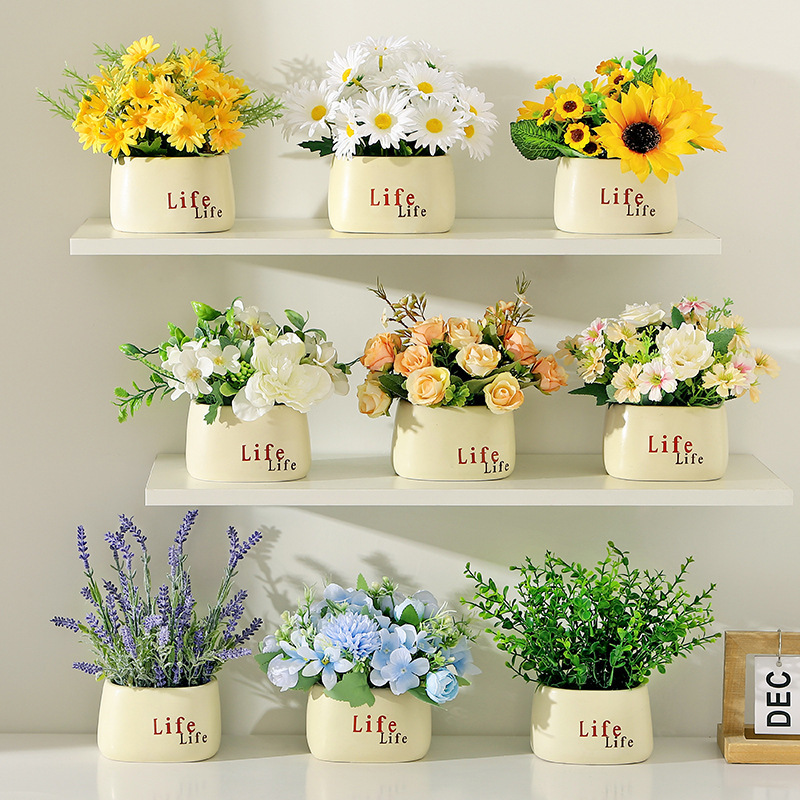 跨境假花摆设向日葵盆栽办公室绿植客厅家居装饰品陶瓷仿真花摆件